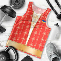 Armenian Traditional Red Men Tank Top with Gold Cross Pattern and Flag Crest - Wonder Print Shop