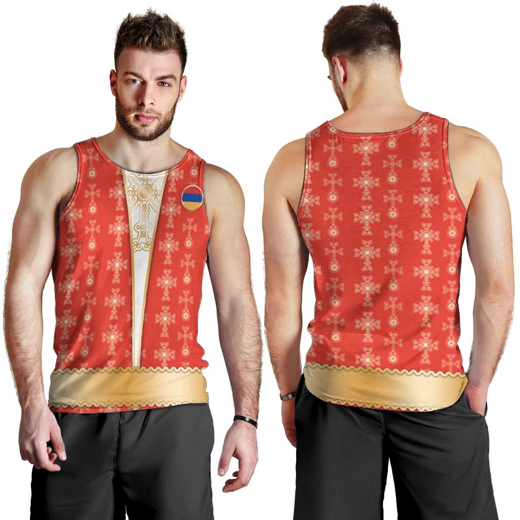 Armenian Traditional Red Men Tank Top with Gold Cross Pattern and Flag Crest - Wonder Print Shop
