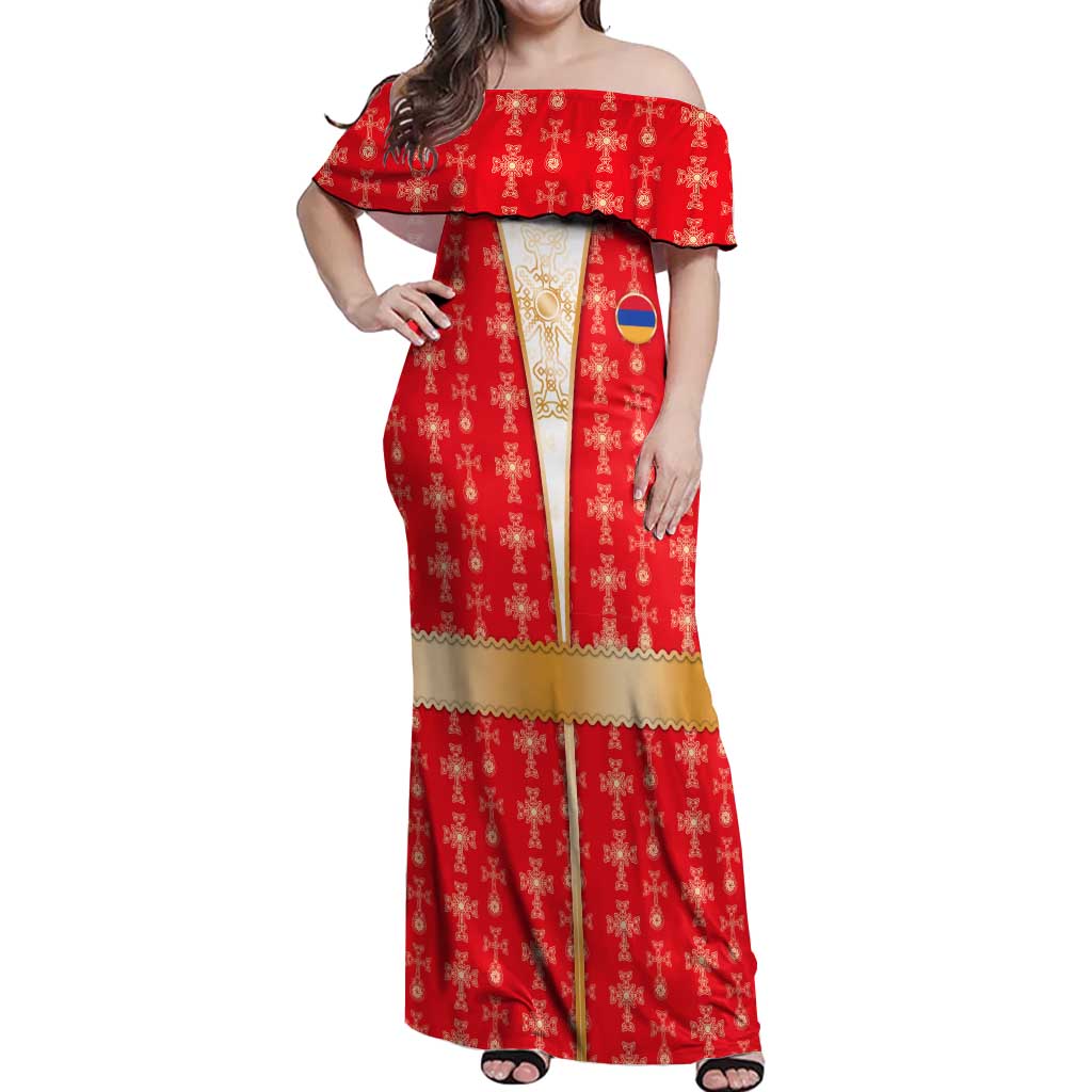 Armenian Traditional Red Off Shoulder Maxi Dress with Gold Cross Pattern and Flag Crest - Wonder Print Shop