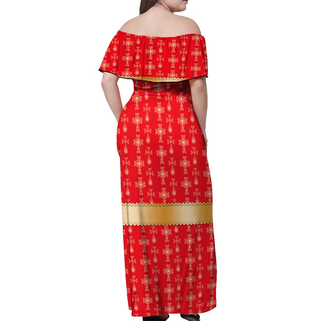 Armenian Traditional Red Off Shoulder Maxi Dress with Gold Cross Pattern and Flag Crest - Wonder Print Shop