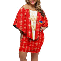 Armenian Traditional Red Off Shoulder Short Dress with Gold Cross Pattern and Flag Crest - Wonder Print Shop