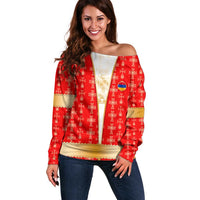 Armenian Traditional Red Off Shoulder Sweater with Gold Cross Pattern and Flag Crest - Wonder Print Shop