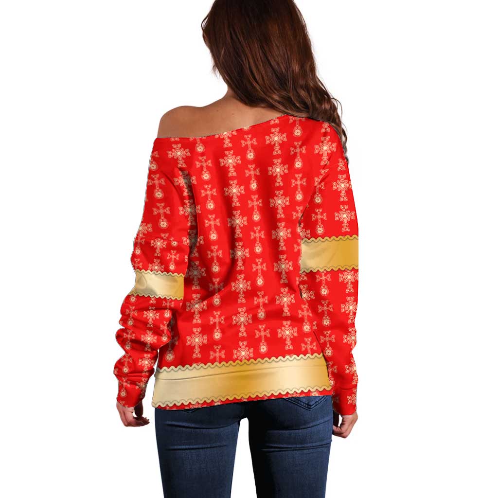 Armenian Traditional Red Off Shoulder Sweater with Gold Cross Pattern and Flag Crest - Wonder Print Shop