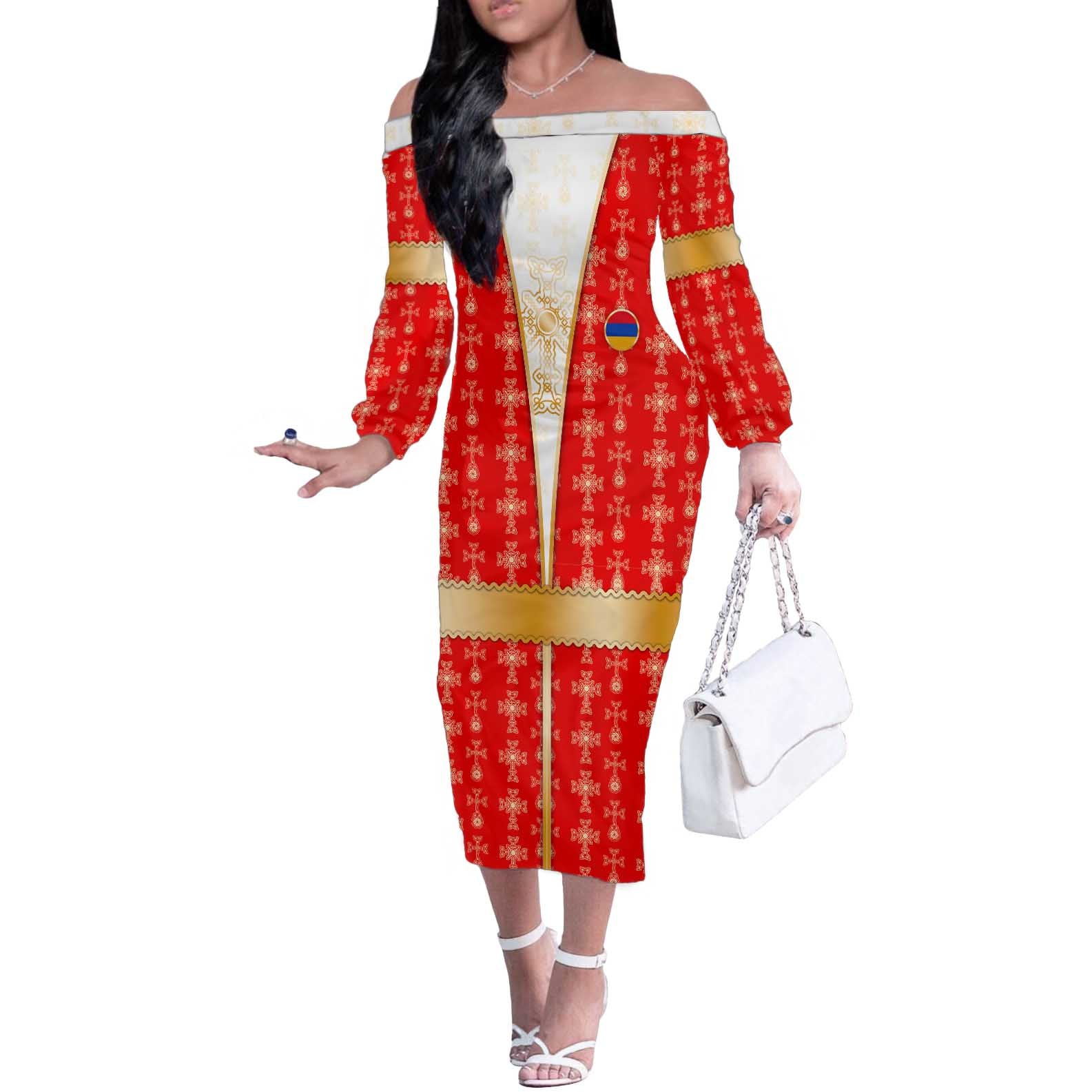 Armenian Traditional Red Off The Shoulder Long Sleeve Dress with Gold Cross Pattern and Flag Crest - Wonder Print Shop