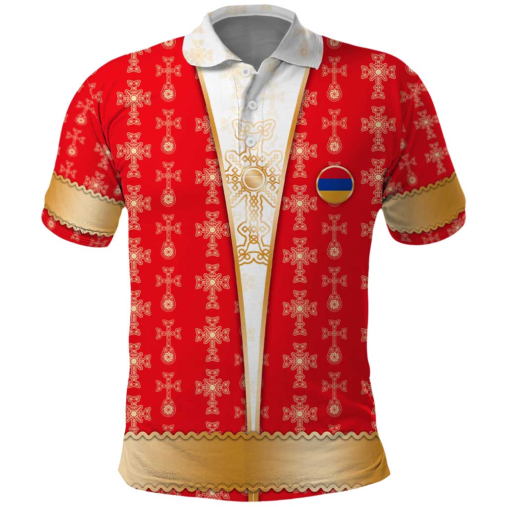Armenian Traditional Red Polo Shirt with Gold Cross Pattern and Flag Crest - Wonder Print Shop