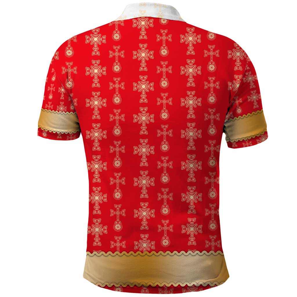 Armenian Traditional Red Polo Shirt with Gold Cross Pattern and Flag Crest - Wonder Print Shop