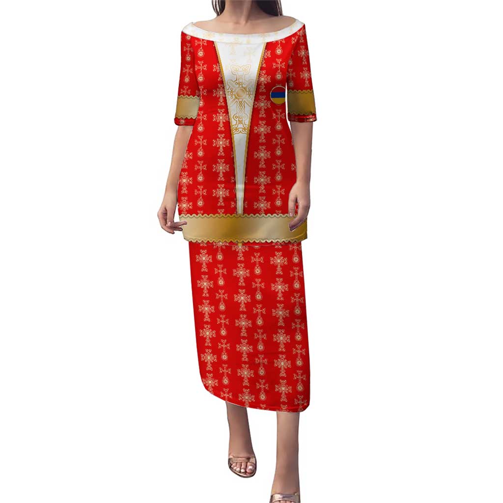 Armenian Traditional Red Puletasi with Gold Cross Pattern and Flag Crest - Wonder Print Shop