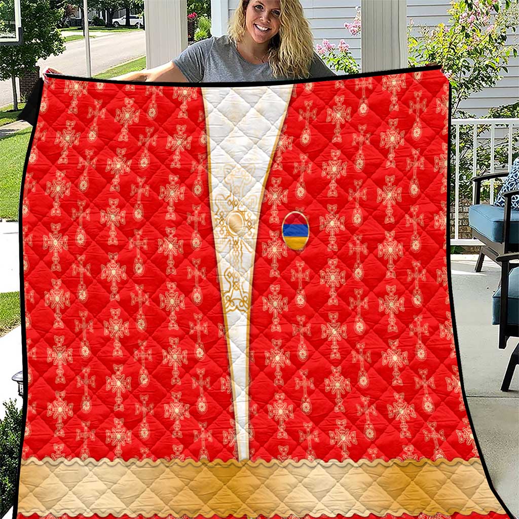 Armenian Traditional Red Quilt with Gold Cross Pattern and Flag Crest - Wonder Print Shop