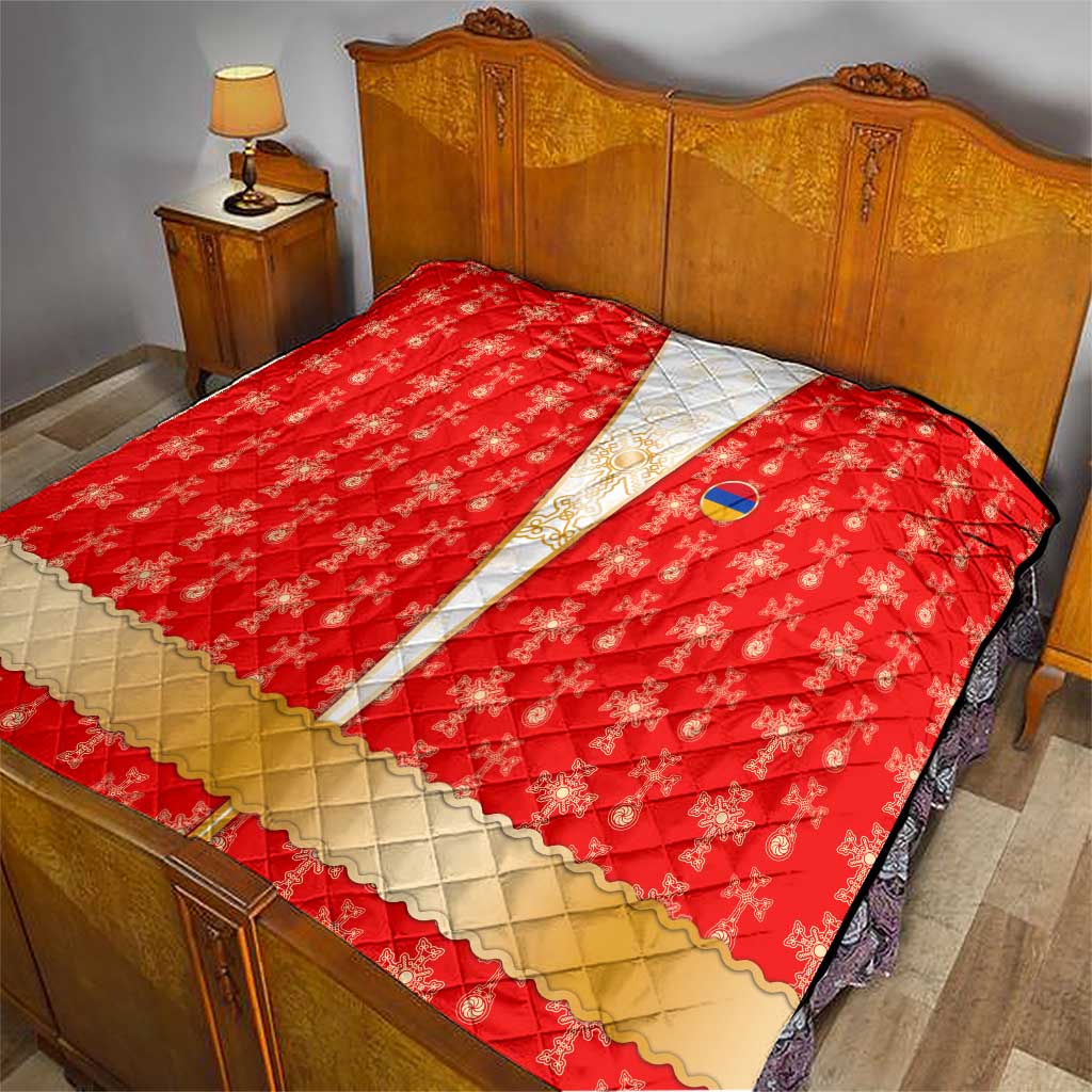 Armenian Traditional Red Quilt with Gold Cross Pattern and Flag Crest - Wonder Print Shop