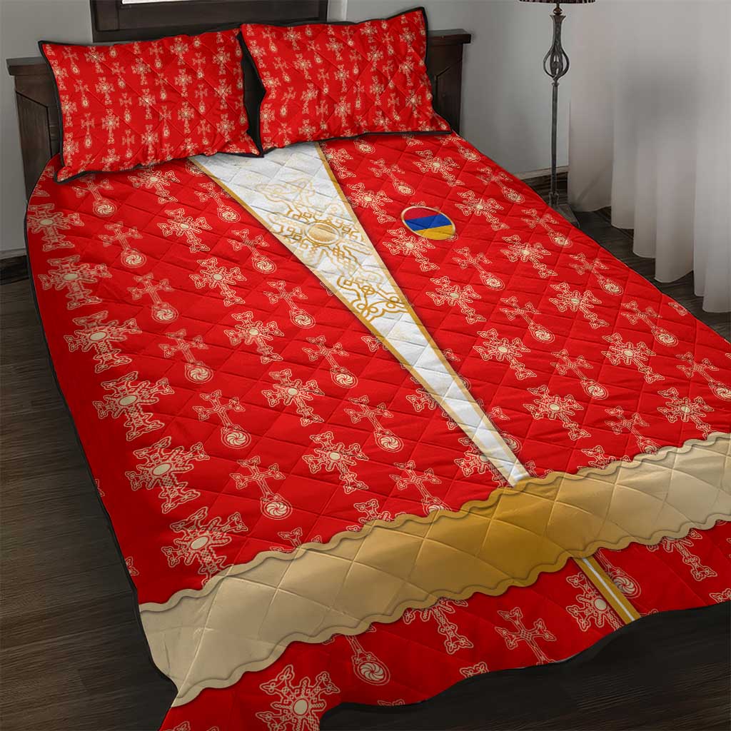 Armenian Traditional Red Quilt Bed Set with Gold Cross Pattern and Flag Crest - Wonder Print Shop