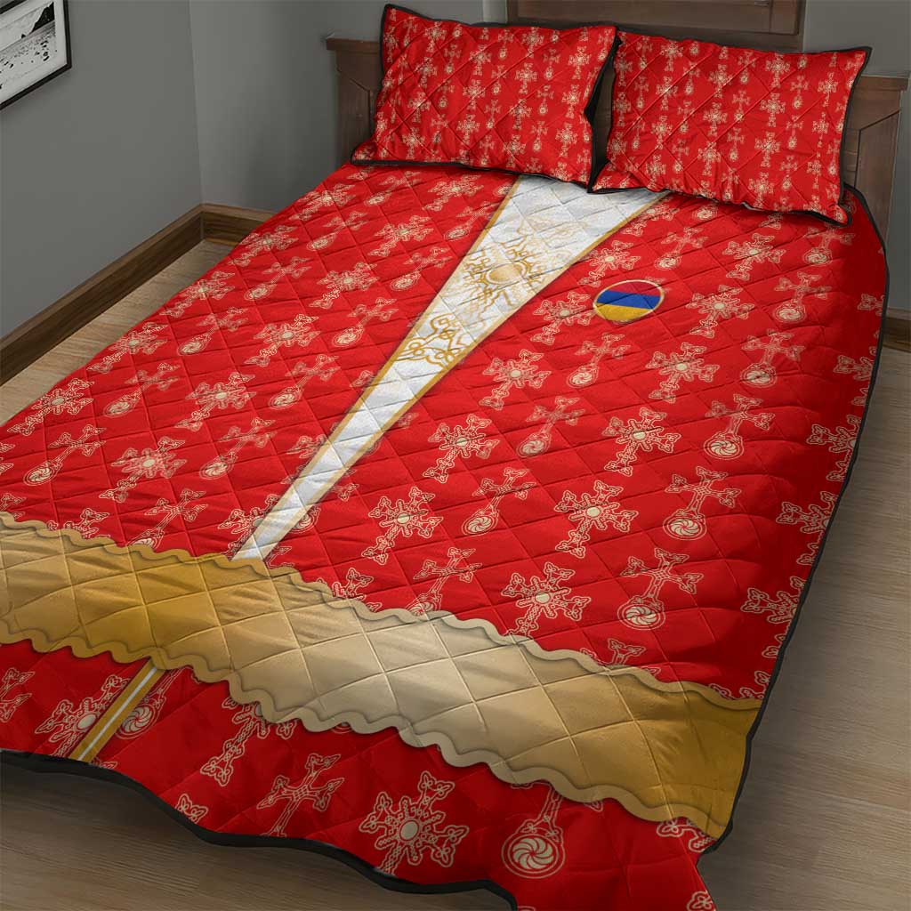 Armenian Traditional Red Quilt Bed Set with Gold Cross Pattern and Flag Crest - Wonder Print Shop