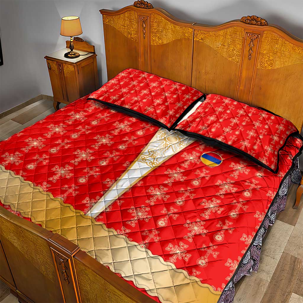Armenian Traditional Red Quilt Bed Set with Gold Cross Pattern and Flag Crest - Wonder Print Shop
