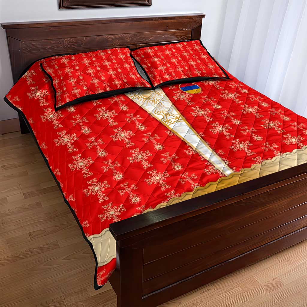 Armenian Traditional Red Quilt Bed Set with Gold Cross Pattern and Flag Crest - Wonder Print Shop