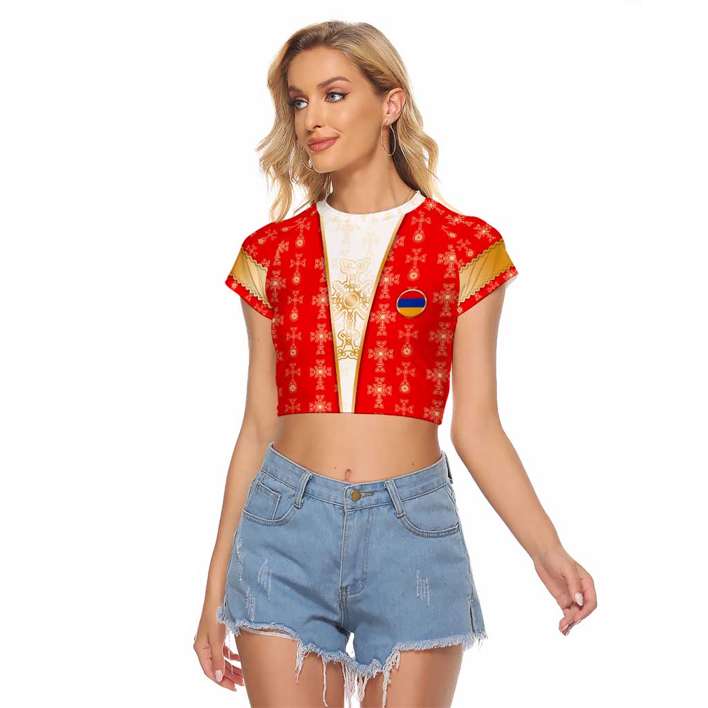 Armenian Traditional Red Raglan Cropped T Shirt with Gold Cross Pattern and Flag Crest - Wonder Print Shop