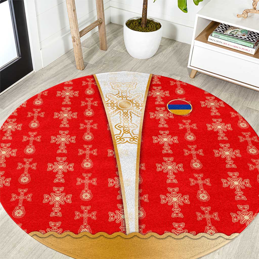 Armenian Traditional Red Round Carpet with Gold Cross Pattern and Flag Crest - Wonder Print Shop