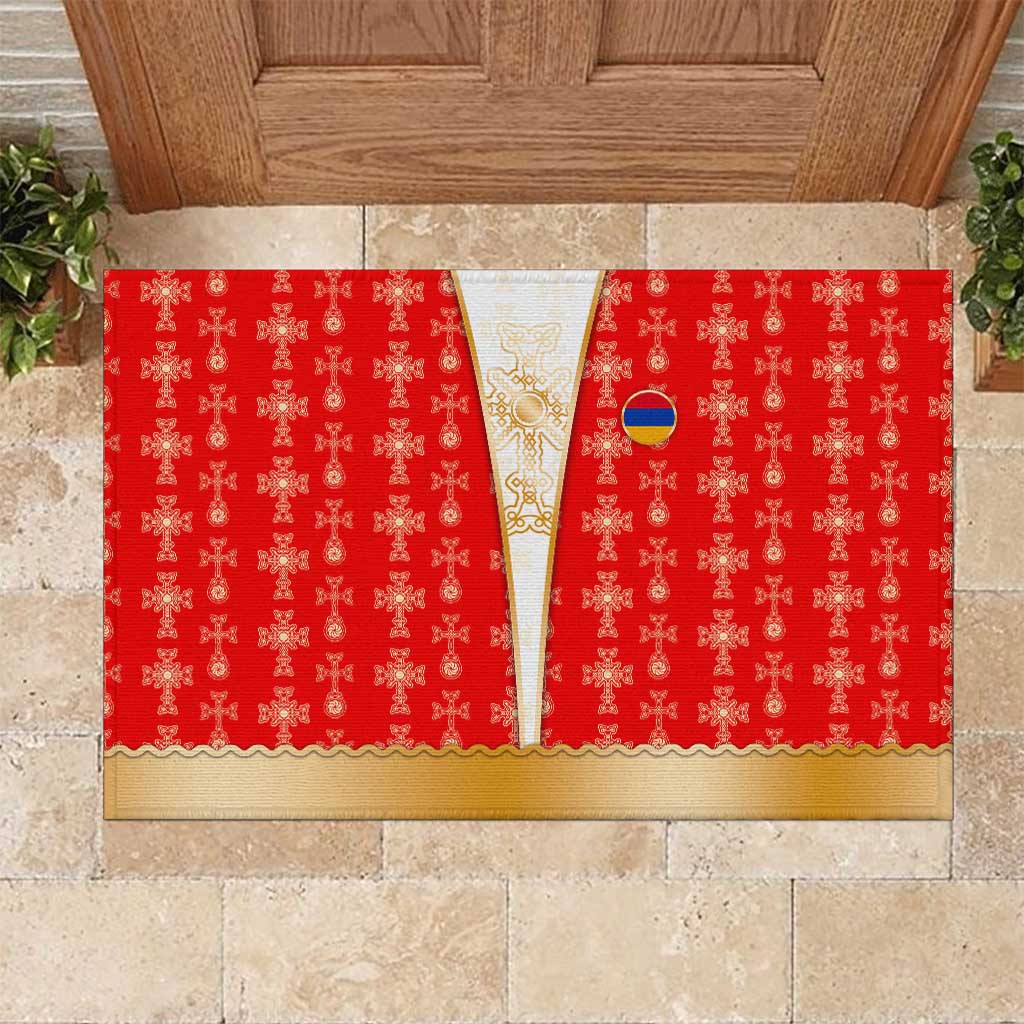 Armenian Traditional Red Rubber Doormat with Gold Cross Pattern and Flag Crest - Wonder Print Shop