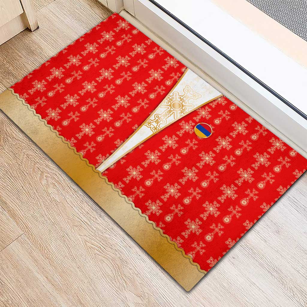 Armenian Traditional Red Rubber Doormat with Gold Cross Pattern and Flag Crest - Wonder Print Shop