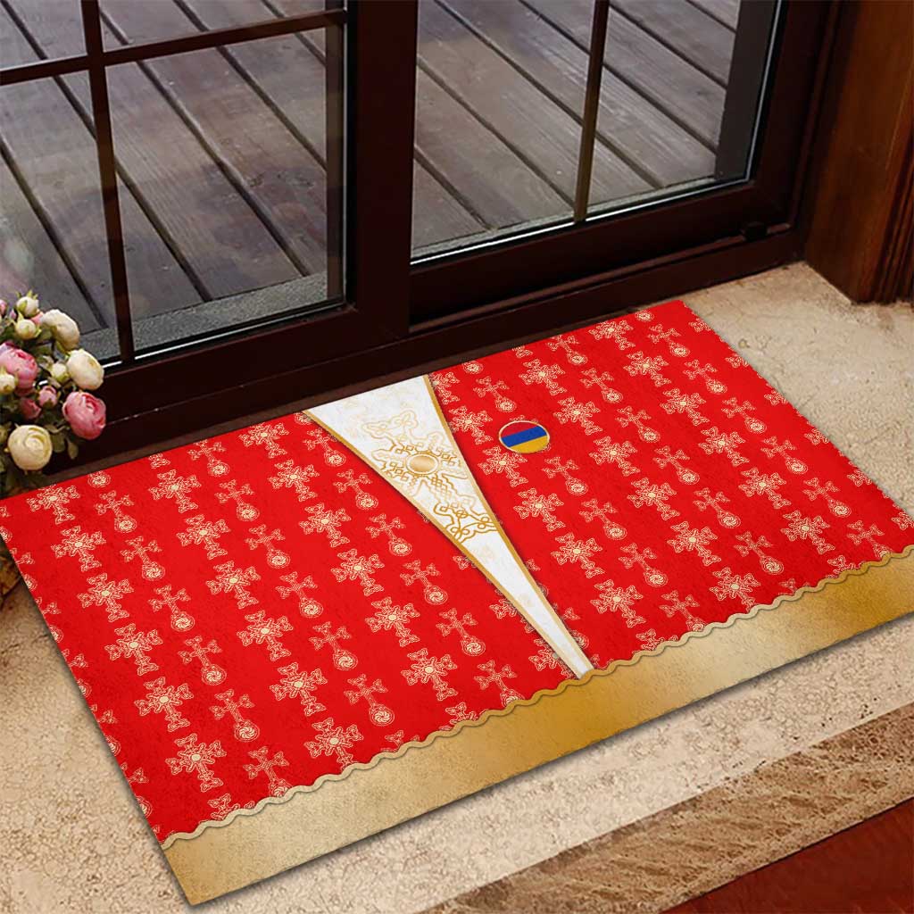 Armenian Traditional Red Rubber Doormat with Gold Cross Pattern and Flag Crest - Wonder Print Shop