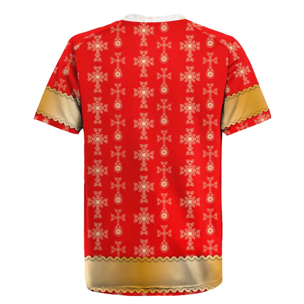 Armenian Traditional Red Rugby Jersey with Gold Cross Pattern and Flag Crest - Wonder Print Shop