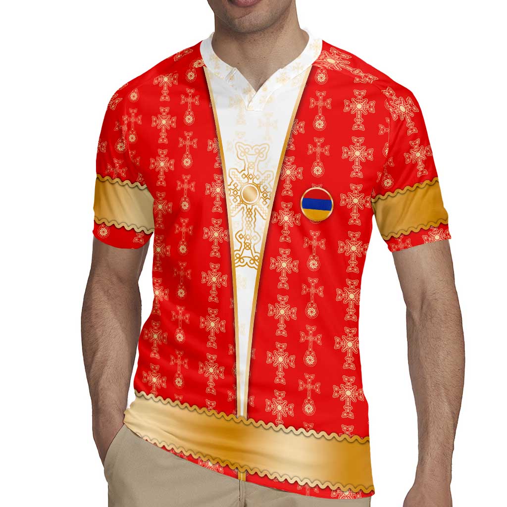 Armenian Traditional Red Rugby Jersey with Gold Cross Pattern and Flag Crest - Wonder Print Shop