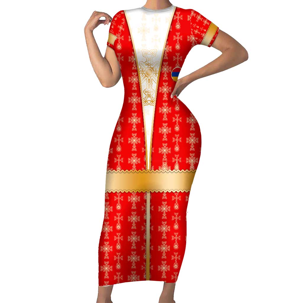 Armenian Traditional Red Short Sleeve Bodycon Dress with Gold Cross Pattern and Flag Crest - Wonder Print Shop