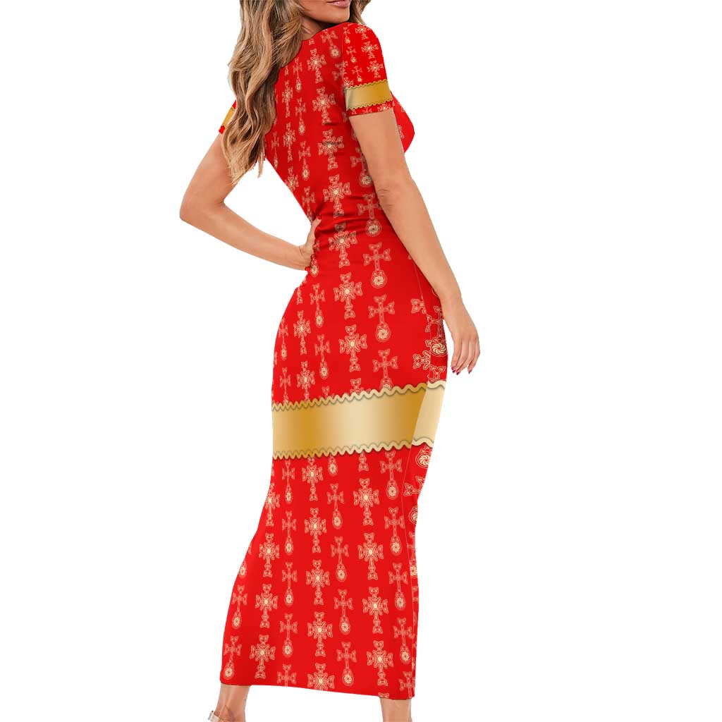 Armenian Traditional Red Short Sleeve Bodycon Dress with Gold Cross Pattern and Flag Crest - Wonder Print Shop