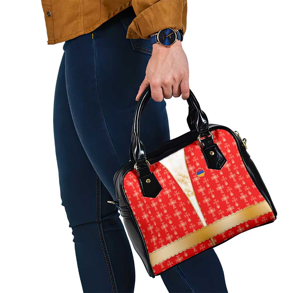 Armenian Traditional Red Shoulder Handbag with Gold Cross Pattern and Flag Crest - Wonder Print Shop