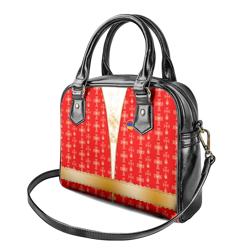 Armenian Traditional Red Shoulder Handbag with Gold Cross Pattern and Flag Crest - Wonder Print Shop