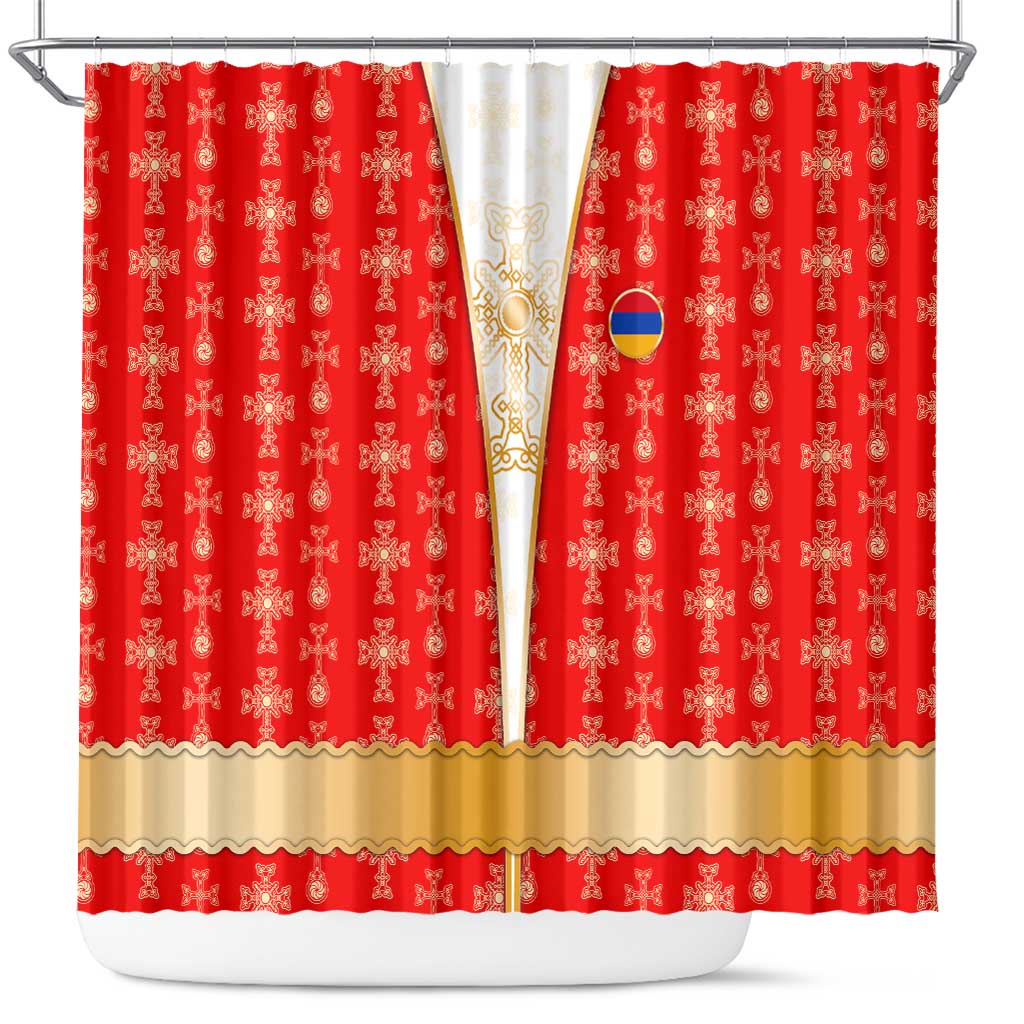 Armenian Traditional Red Shower Curtain with Gold Cross Pattern and Flag Crest - Wonder Print Shop