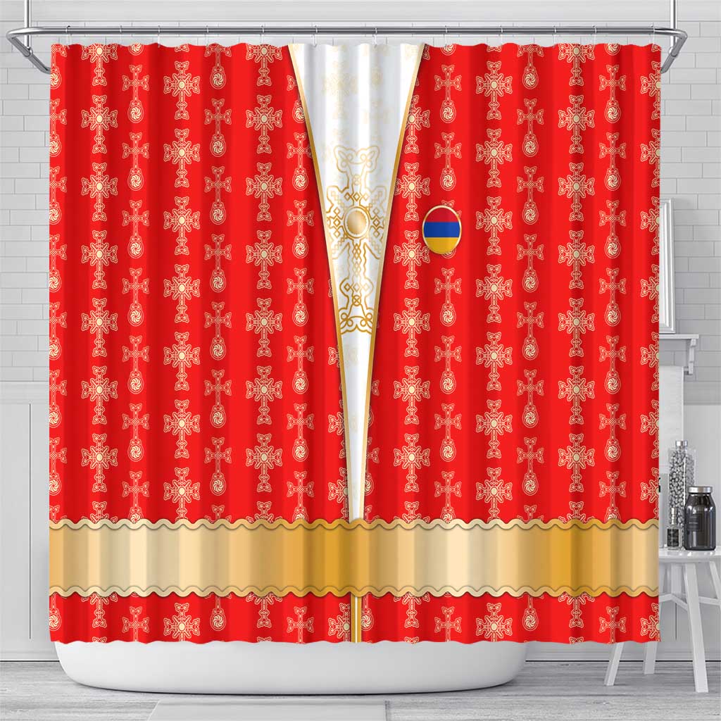 Armenian Traditional Red Shower Curtain with Gold Cross Pattern and Flag Crest - Wonder Print Shop