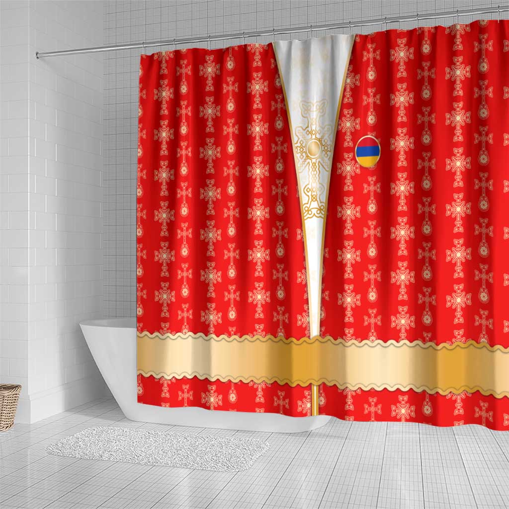 Armenian Traditional Red Shower Curtain with Gold Cross Pattern and Flag Crest - Wonder Print Shop