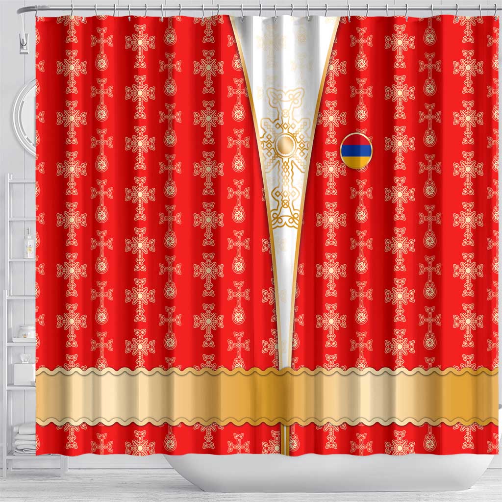 Armenian Traditional Red Shower Curtain with Gold Cross Pattern and Flag Crest - Wonder Print Shop