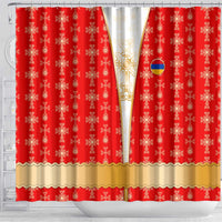 Armenian Traditional Red Shower Curtain with Gold Cross Pattern and Flag Crest - Wonder Print Shop