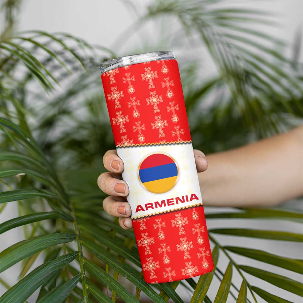 Armenian Traditional Red Skinny Tumbler with Gold Cross Pattern and Flag Crest - Wonder Print Shop