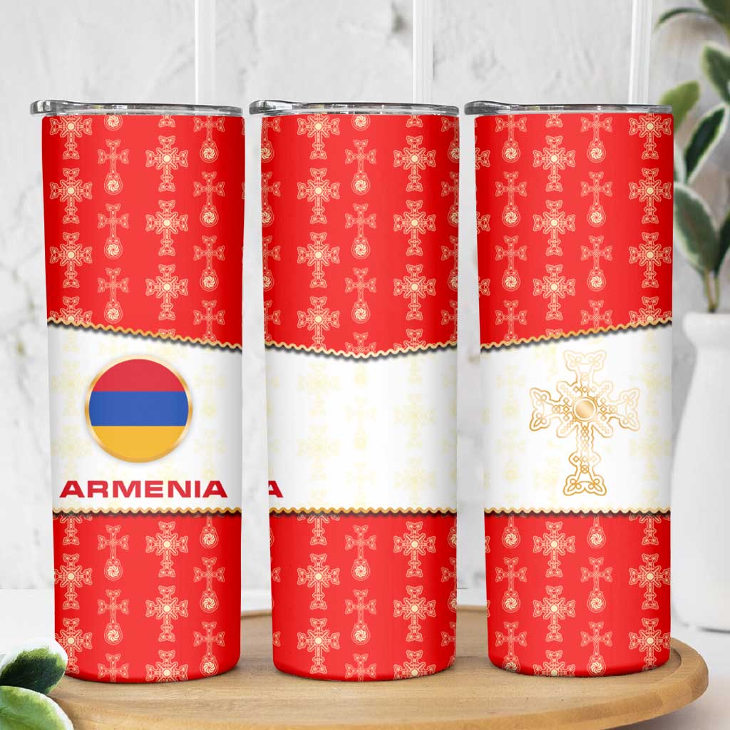 Armenian Traditional Red Skinny Tumbler with Gold Cross Pattern and Flag Crest - Wonder Print Shop