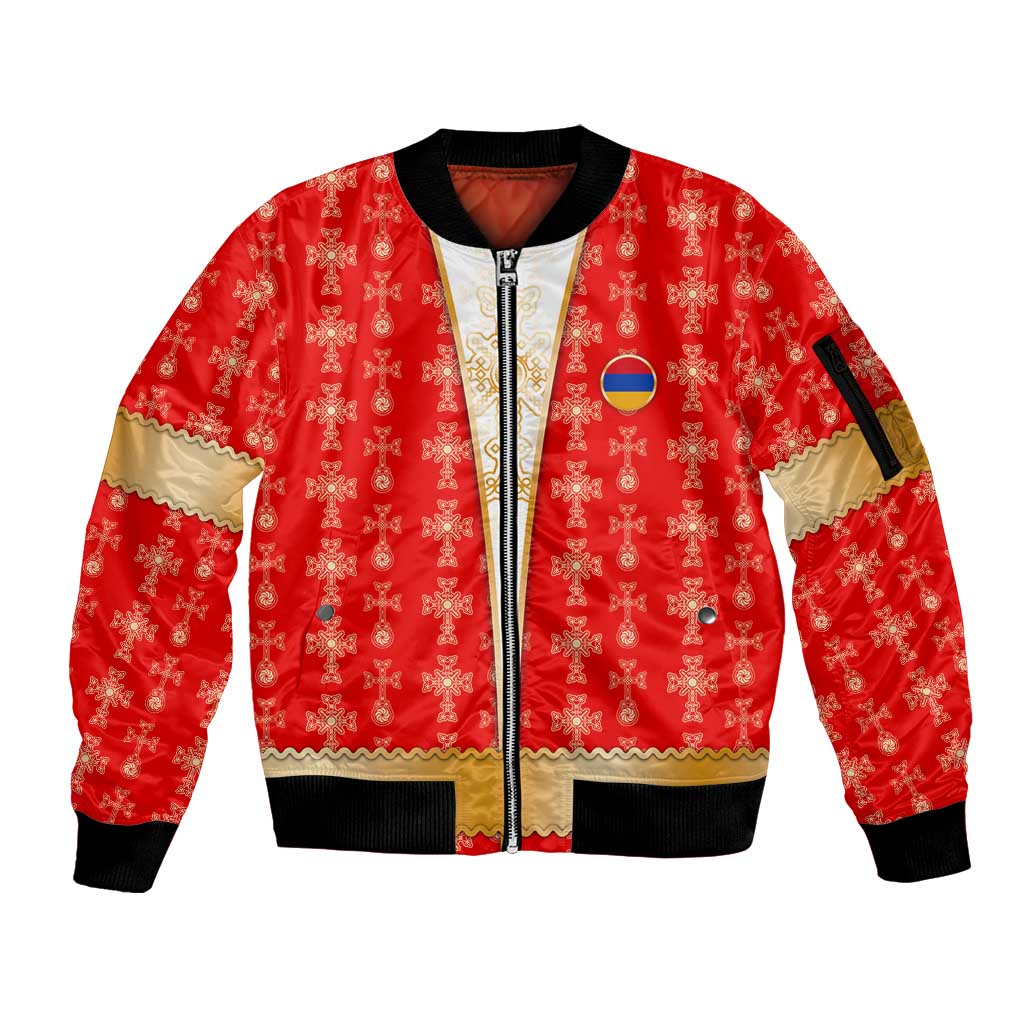 Armenian Traditional Red Sleeve Zip Bomber Jacket with Gold Cross Pattern and Flag Crest - Wonder Print Shop