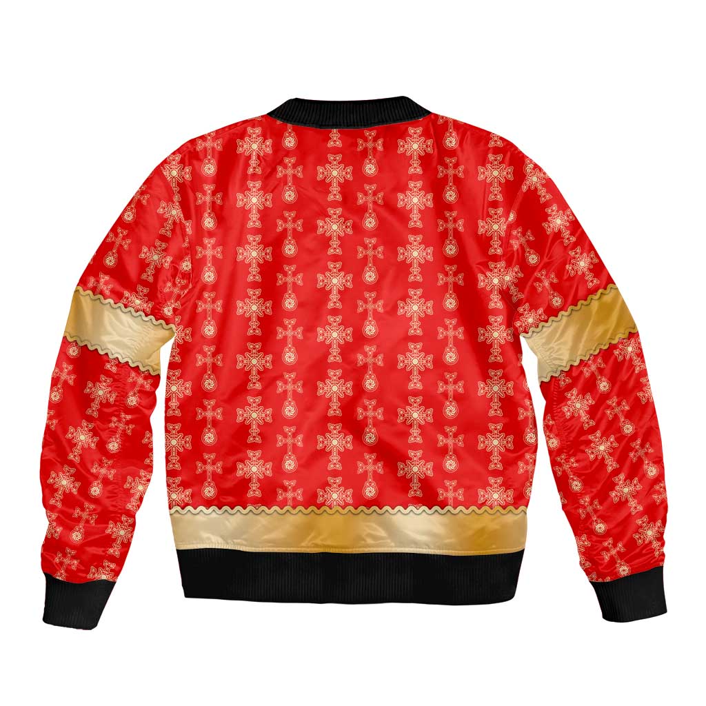Armenian Traditional Red Sleeve Zip Bomber Jacket with Gold Cross Pattern and Flag Crest - Wonder Print Shop