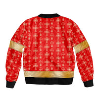 Armenian Traditional Red Sleeve Zip Bomber Jacket with Gold Cross Pattern and Flag Crest - Wonder Print Shop