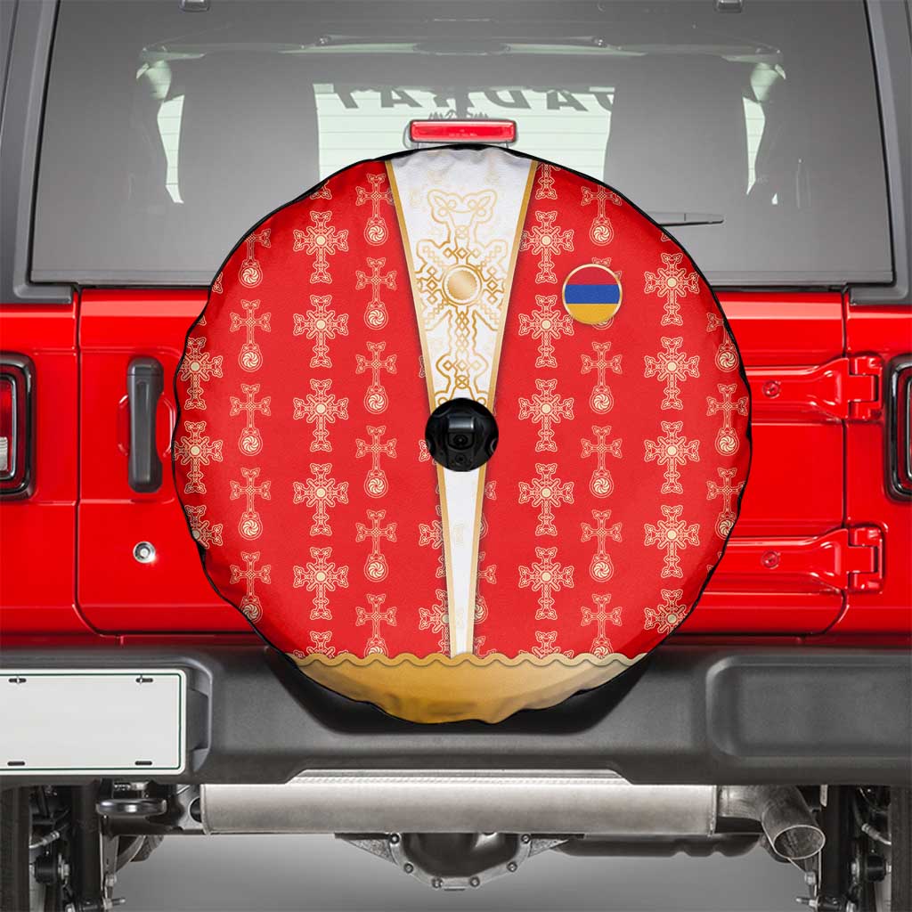 Armenian Traditional Red Spare Tire Cover with Gold Cross Pattern and Flag Crest - Wonder Print Shop