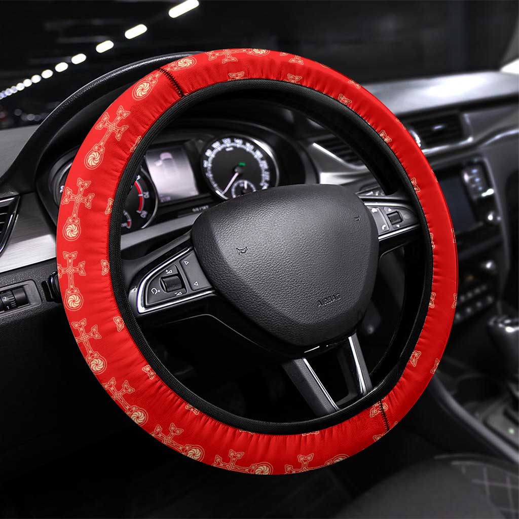 Armenian Traditional Red Steering Wheel Cover with Gold Cross Pattern and Flag Crest - Wonder Print Shop