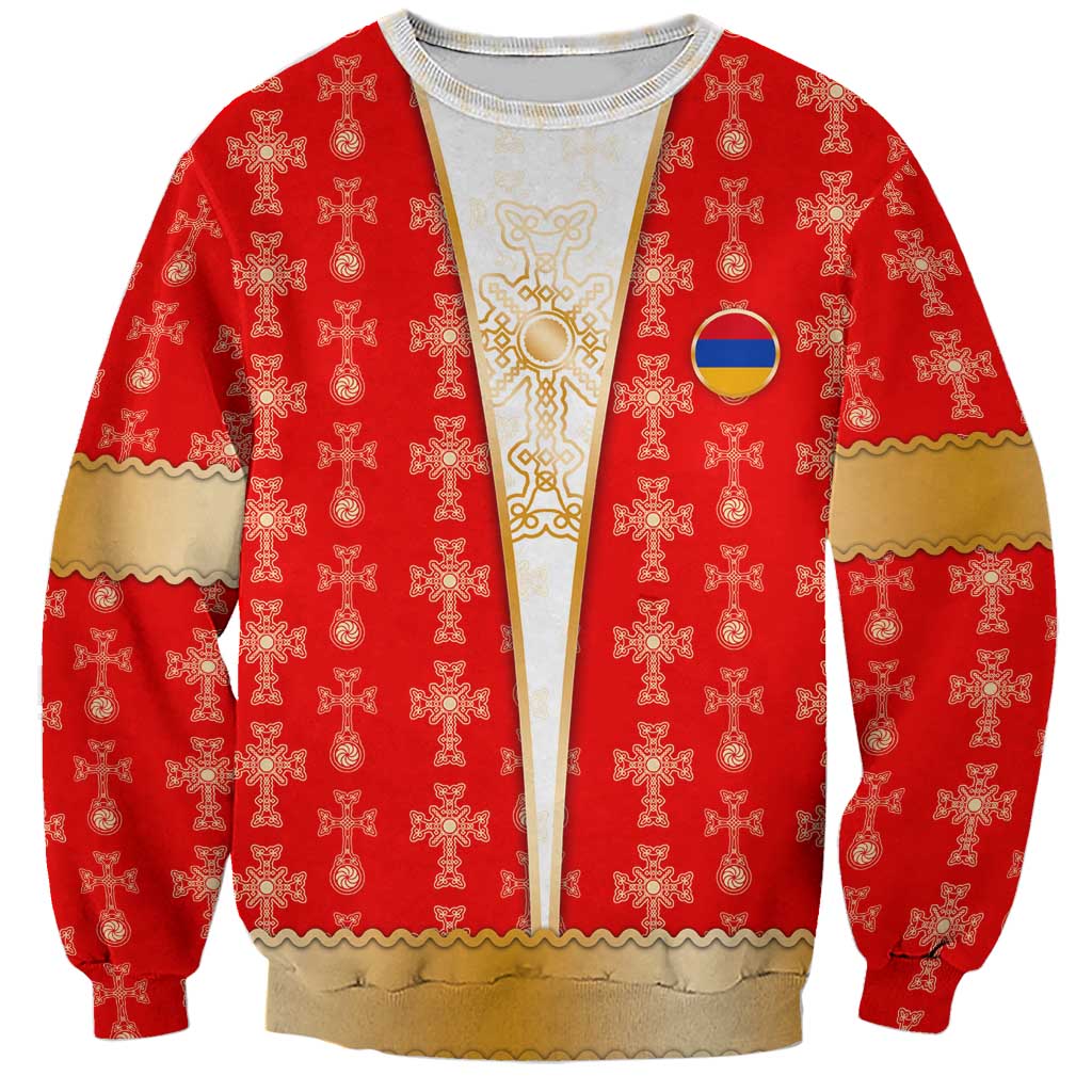 Armenian Traditional Red Sweatshirt with Gold Cross Pattern and Flag Crest - Wonder Print Shop