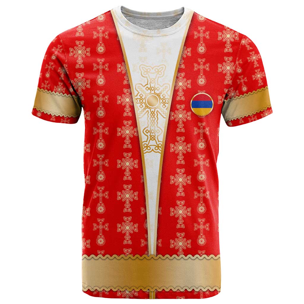 Armenian Traditional Red T Shirt with Gold Cross Pattern and Flag Crest - Wonder Print Shop