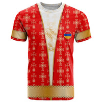 Armenian Traditional Red T Shirt with Gold Cross Pattern and Flag Crest - Wonder Print Shop