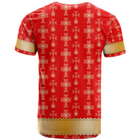 Armenian Traditional Red T Shirt with Gold Cross Pattern and Flag Crest - Wonder Print Shop
