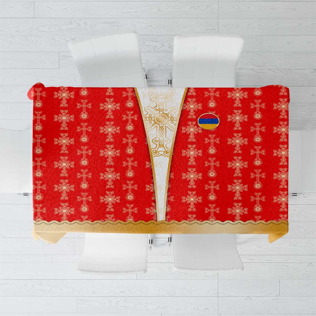 Armenian Traditional Red Tablecloth with Gold Cross Pattern and Flag Crest - Wonder Print Shop