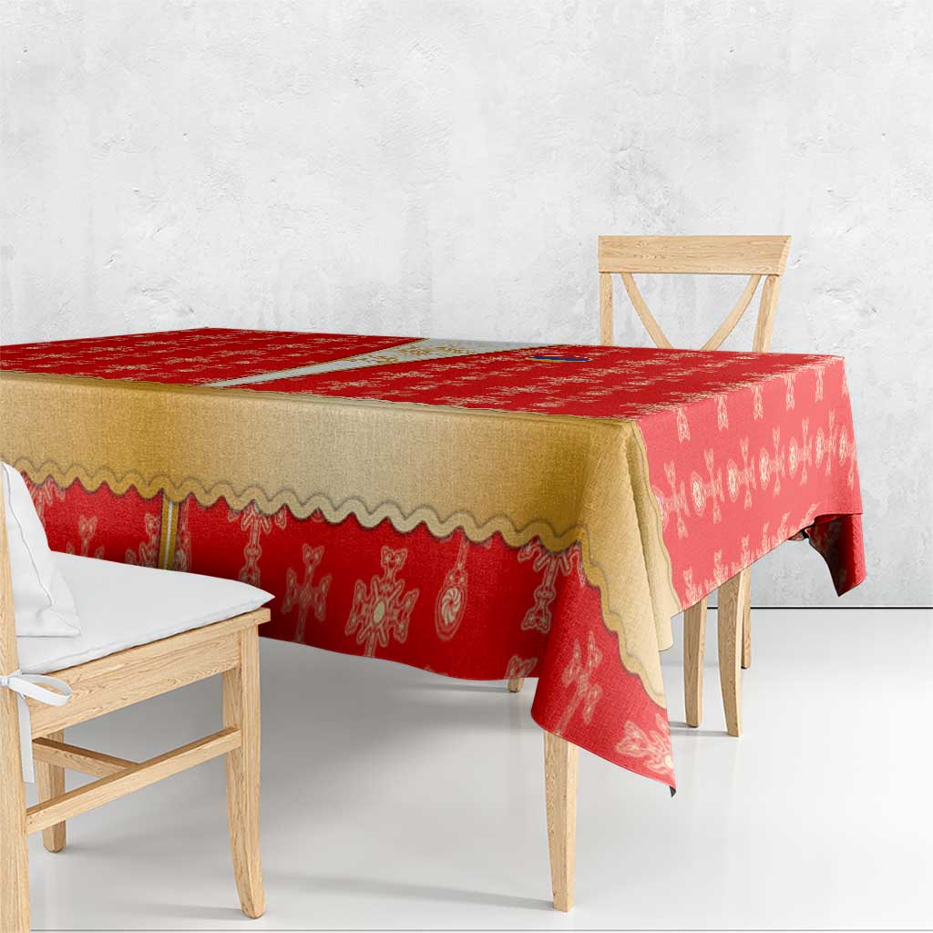 Armenian Traditional Red Tablecloth with Gold Cross Pattern and Flag Crest - Wonder Print Shop