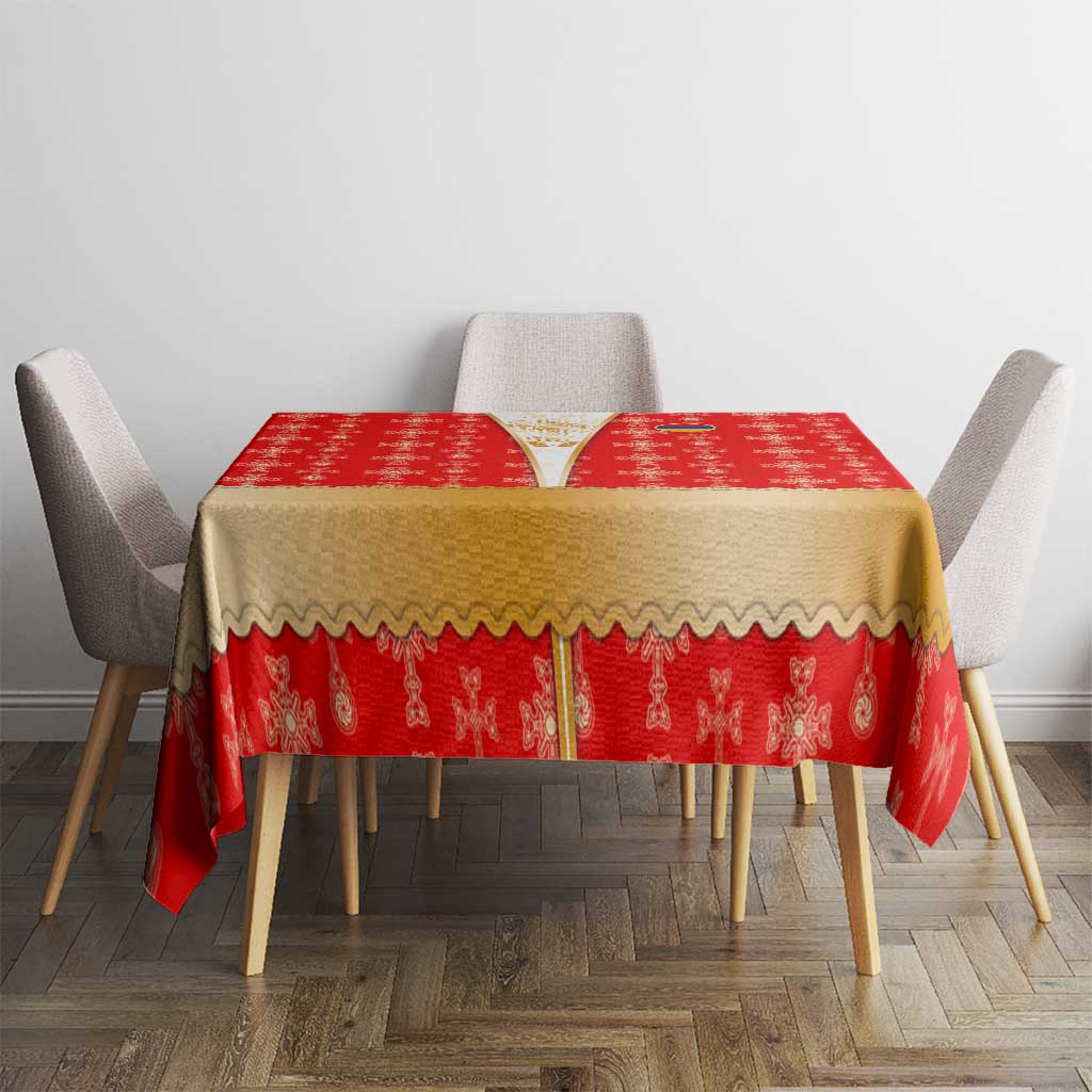 Armenian Traditional Red Tablecloth with Gold Cross Pattern and Flag Crest - Wonder Print Shop