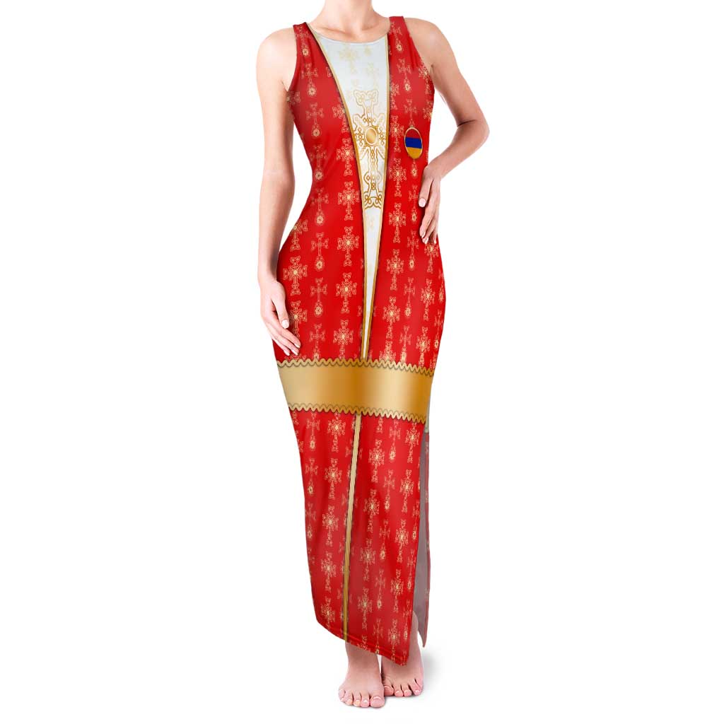 Armenian Traditional Red Tank Maxi Dress with Gold Cross Pattern and Flag Crest - Wonder Print Shop
