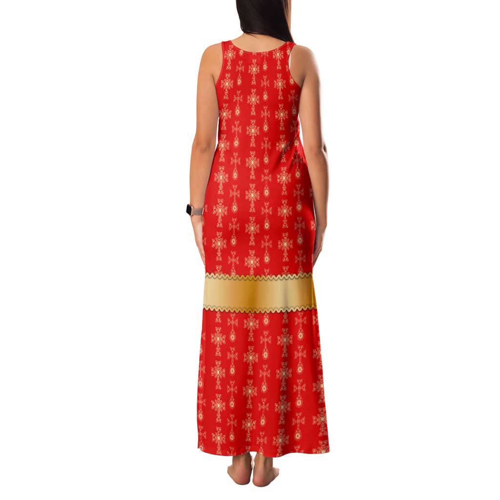 Armenian Traditional Red Tank Maxi Dress with Gold Cross Pattern and Flag Crest - Wonder Print Shop