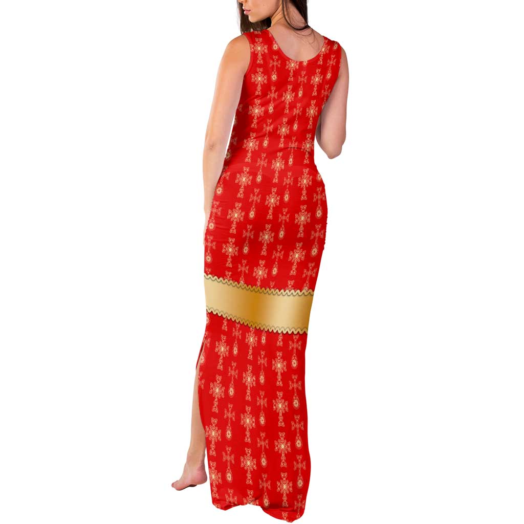 Armenian Traditional Red Tank Maxi Dress with Gold Cross Pattern and Flag Crest - Wonder Print Shop